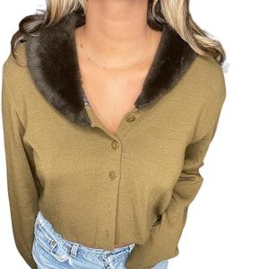Cardigan Sweater with Faux Mink Collar